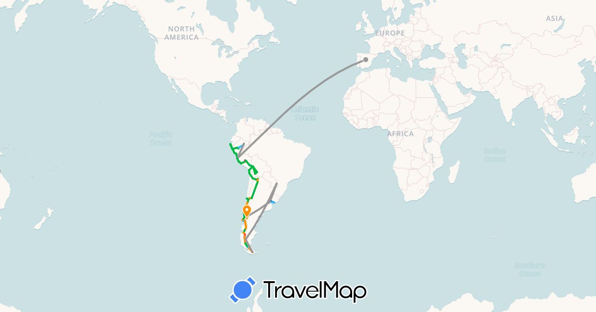 TravelMap itinerary: driving, bus, plane, train, hiking, boat, hitchhiking in Argentina, Bolivia, Chile, Spain, Peru, Uruguay (Europe, South America)
